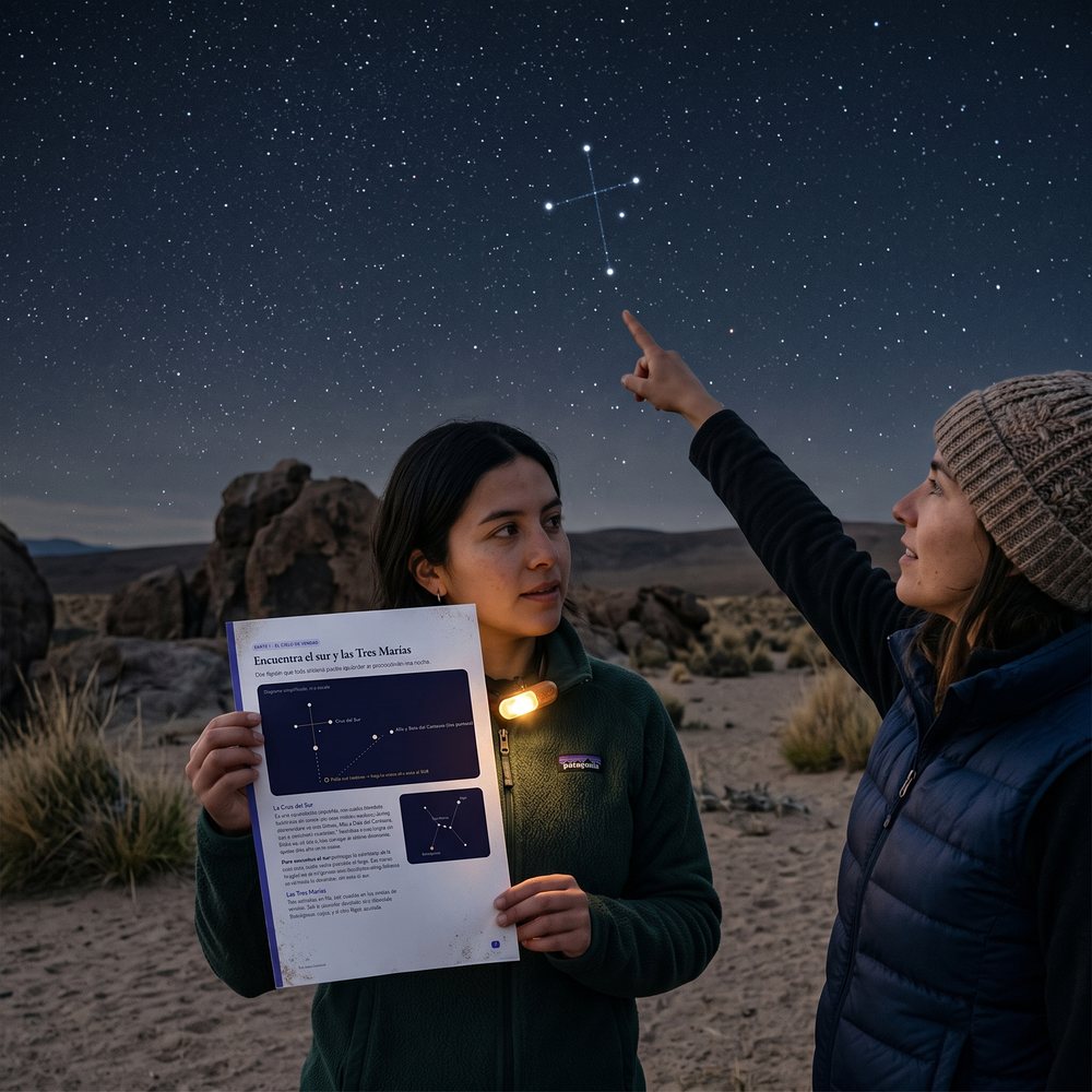 Dos amigas en el desierto buscando la Cruz del Sur con la página del libro