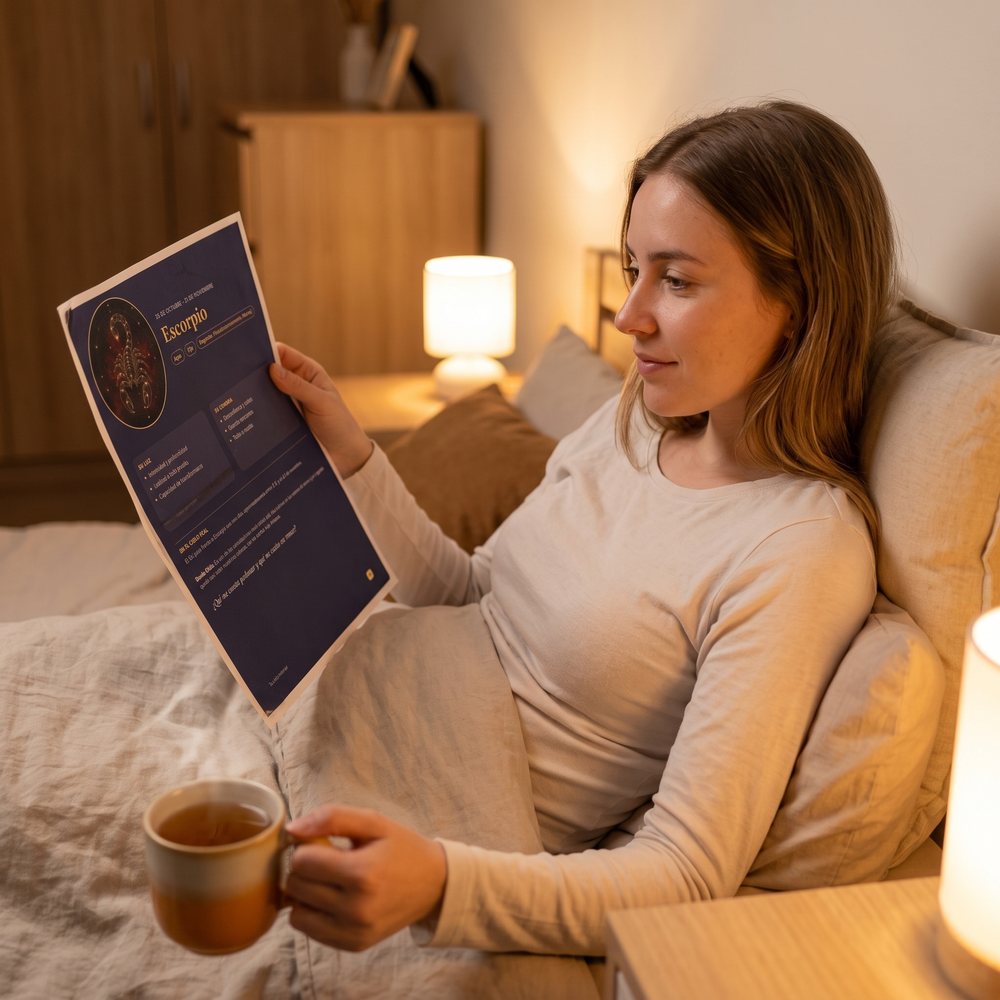 Mujer leyendo en la cama la página del signo Escorpio del libro